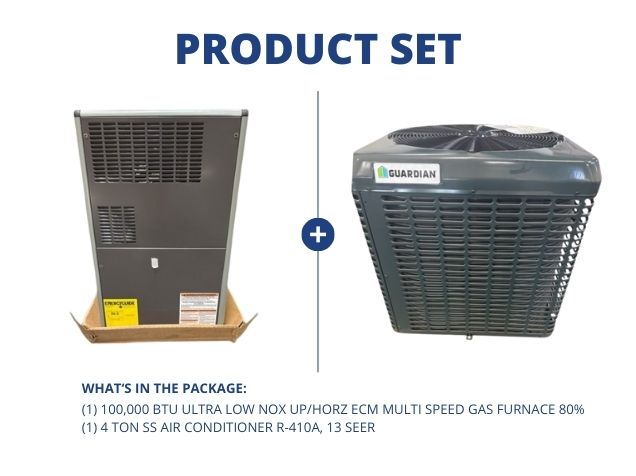 100,000 BTU Ultra Low NOx Up/Horz ECM Multi Speed Gas Furnace 80% and 4 Ton SS AC R-410A, 13 SEER