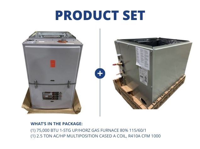 75,000 BTU 1-Stg Up/Horz Gas Furnace 80% 115/60/1 with 2.5 Ton Multiposition Cased A Coil, R410A