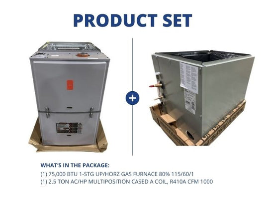 75,000 BTU 1-Stg Up/Horz Gas Furnace 80% 115/60/1 with 2.5 Ton Multiposition Cased A Coil, R410A