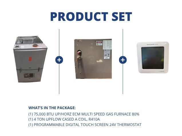 75,000 BTU Up/Horz ECM Multi Speed Gas Furnace 80%, 4 Ton Upflow Cased A Coil and 24V Thermostat