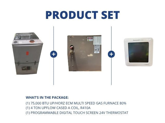 75,000 BTU Up/Horz ECM Multi Speed Gas Furnace 80%, 4 Ton Upflow Cased A Coil and 24V Thermostat