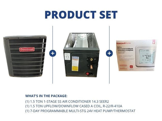 1.5 Ton 1-Stg SS Air Conditioner 14.3 SEER2 with 1.5 Ton Up/Down Cased A Coil and 24V Thermostat