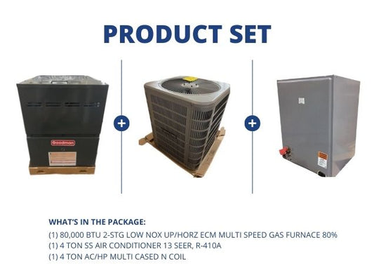80,000 BTU Low Nox Up/Horz Multi Spd Gas Furnace 80%, 4 Ton AC 13 SEER with 4 Ton Multi Cased N Coil