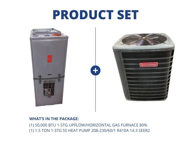 50,000 BTU 1-Stg Up/Horz Gas Furnace 80% with 1.5 Ton Stg SS Heat Pump 208-230/60/1 R410A 14.3 SEER2