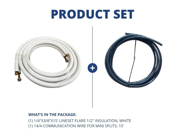 1/4"x3/8"x15' Lineset Flare 1/2" Insulation, White with 14/4 Communication Wire for Mini Splits; 15'