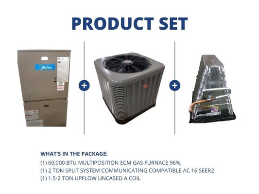 60,000 BTU Gas Furnace 96%, 2 Ton SS Comm Compatible AC 16 SEER2 and 1.5-2 Ton Upflow Uncased A Coil