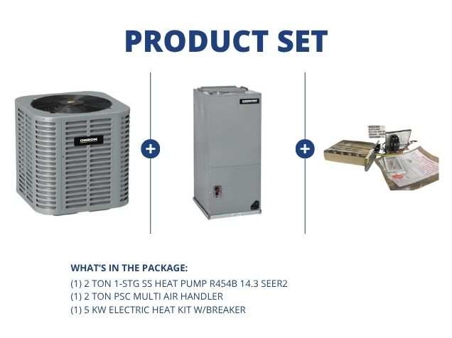 2 Ton 1-Stg SS Heat Pump R454B 14.3 SEER2, 2 Ton PSC Multi Air Handler and 5 KW Heat Kit w/Breaker