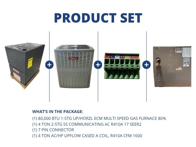 80,000 BTU Up/Horz Gas Furnace 80%, 4 Ton SS Comm AC 17 SEER2, 7 Pin Connector and 4 Ton Up A Coil