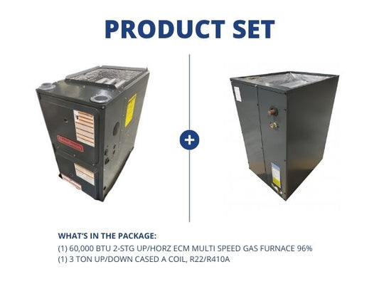 60,000 BTU 2-Stg Up/Horz ECM Multi Speed Gas Furnace 96% with 3 Ton Up/Down Cased A Coil, R22/R410A