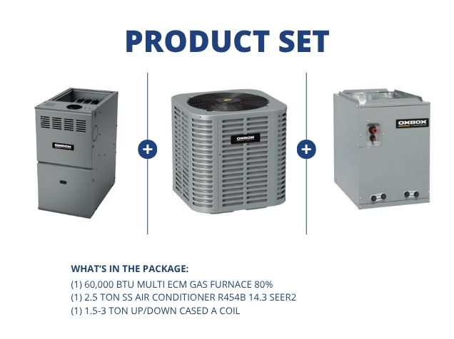 60,000 BTU Multi ECM Gas Furnace 80%, 2.5 Ton SS AC R454B 14.3 SEER2, 1.5-3 Ton Up/Down Cased A Coil