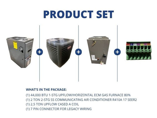 44,000 BTU Up/Horz Gas Furnace 80%, 2 Ton Comm AC 17 SEER2, 2.5 Ton Upflow Coil, and 7 Pin Connector