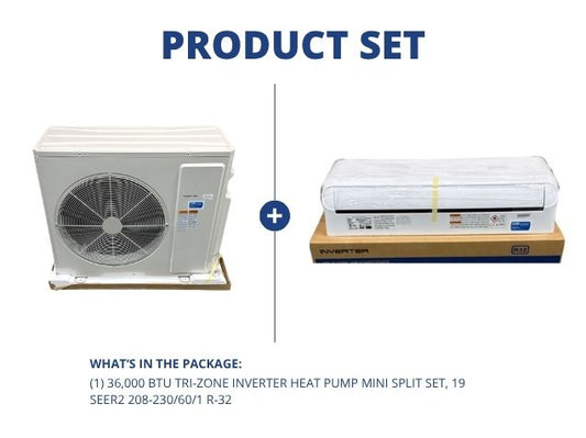 36,000 BTU Tri-Zone Inverter Heat Pump Mini Split Set, 19 SEER2 208-230/60/1 R-32