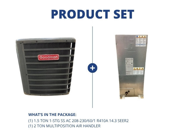 1.5 Ton 1-Stg SS Air Conditioner 208-230/60/1 R-410A 14.3 SEER2 with 2 Ton Multiposition Air Handler