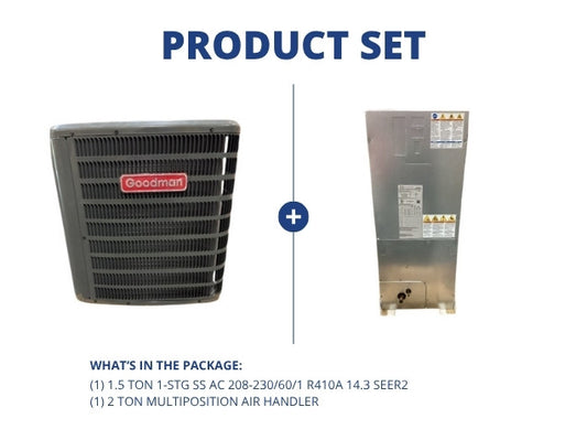 1.5 Ton 1-Stg SS Air Conditioner 208-230/60/1 R-410A 14.3 SEER2 with 2 Ton Multiposition Air Handler