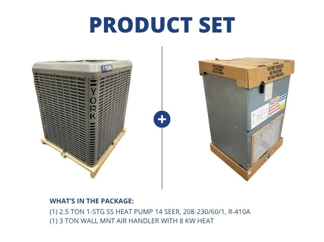 2.5 Ton 1-Stg SS Heat Pump 14 SEER 208-230/60/1, R410A and 3 Ton Wall Mnt Air Handler With 8 KW Heat