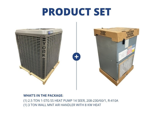 2.5 Ton 1-Stg SS Heat Pump 14 SEER 208-230/60/1, R410A and 3 Ton Wall Mnt Air Handler With 8 KW Heat