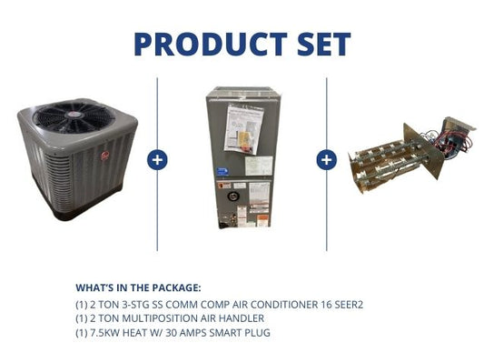 2 Ton 3-Stg SS Comm Comp AC 16 SEER2, 2 Ton ECM Multi Air Handler, 7.5Kw Heat w/30 Amps Smart Plug