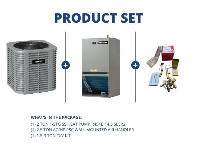 2 Ton 1-Stg SS HP R454B 14.3 SEER2, 2.5 Ton AC/HP PSC Wall Mounted Air Handler and 1.5-3 Ton TXV Kit