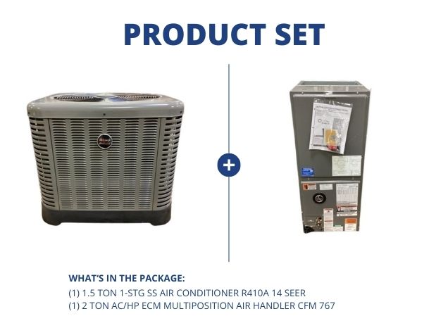 1.5 Ton 1-Stg SS Air Conditioner R410A 14 SEER and 2 Ton AC/HP ECM Multiposition Air Handler CFM 767