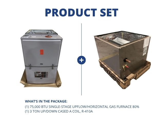 75,000 BTU Single-Stage Upflow/Horizontal Gas Furnace 80% with 3 Ton Up/Down Cased A Coil, R-410A