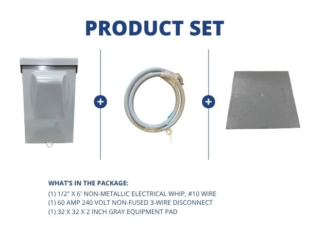 1/2" X 6' Electrical Whip with 60A 240V Non-Fused 3-Wire Disconnect and 32x32x2" Gray Equipment Pad