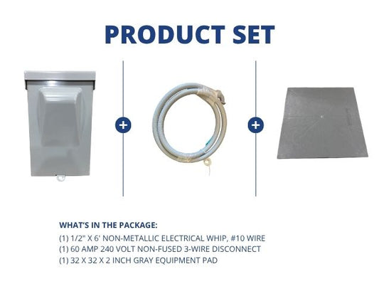 1/2" X 6' Electrical Whip with 60A 240V Non-Fused 3-Wire Disconnect and 32x32x2" Gray Equipment Pad