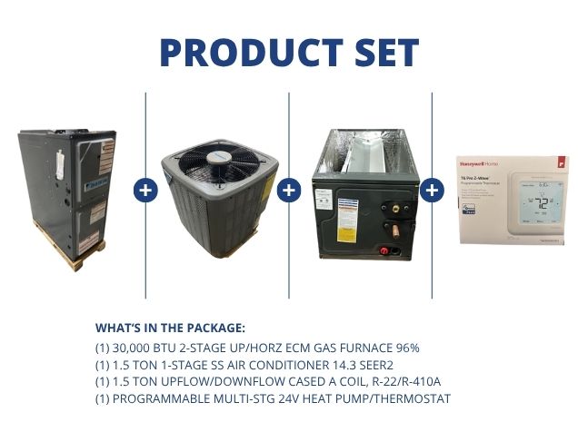30,000 BTU Up/Horz ECM Gas Furnace 96% and 1.5 Ton SS AC and 1.5 Ton Up/Down Coil and 24V Thermostat