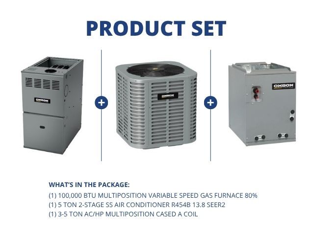 100,000 BTU Multi Var Spd Gas Furnace 80%, 5 Ton AC R454B 13.8 SEER2 with 3-5 Ton Multi Cased A Coil