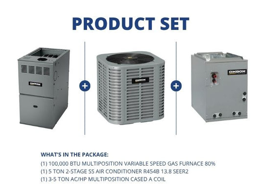 100,000 BTU Multi Var Spd Gas Furnace 80%, 5 Ton AC R454B 13.8 SEER2 with 3-5 Ton Multi Cased A Coil
