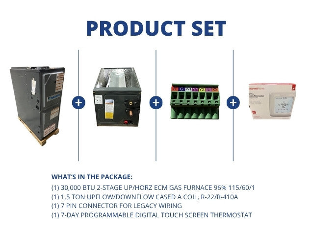 30,000 BTU Gas Furnace 96% with 1.5 Ton Up/Down Coil and 7 Pin Connector and Programmable Thermostat