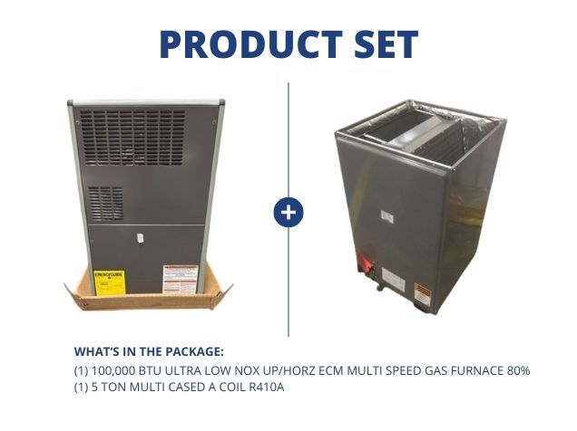 100,000 BTU Ultra Low NOx Up/Horz ECM Multi Speed Gas Furnace 80% and 5 Ton Multi Cased A Coil R410A