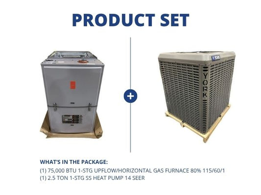 75,000 BTU 1-Stg Upflow/Horizontal Gas Furnace 80% 115/60/1 with 2.5 Ton 1-Stg SS Heat Pump 14 SEER