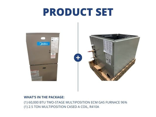 60,000 BTU Two-Stage Multiposition ECM Gas Furnace 96% and 2.5 Ton Multiposition Cased A Coil, R410A