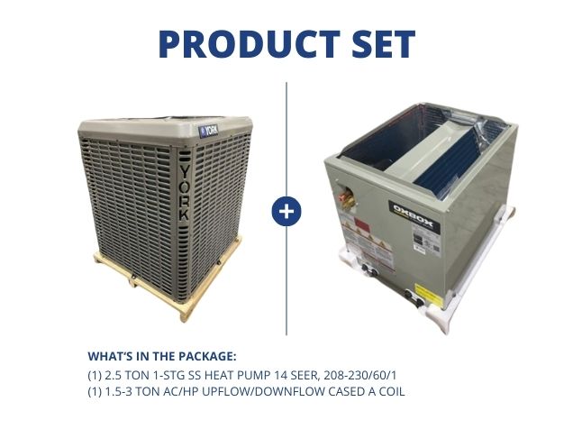 2.5 Ton 1-Stg SS Heat Pump 14 SEER, 208-230/60/1 with 1.5-3 Ton AC/HP Upflow/Downflow Cased A Coil