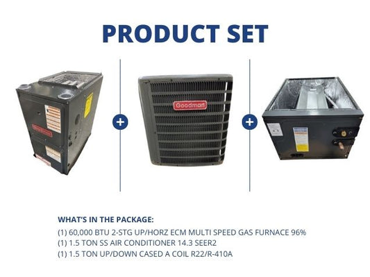 60,000 BTU 2-Stg Up/Horz Gas Furnace 96%, 1.5 Ton SS AC 14.3 SEER2 with 1.5 Ton Up/Down Cased A Coil