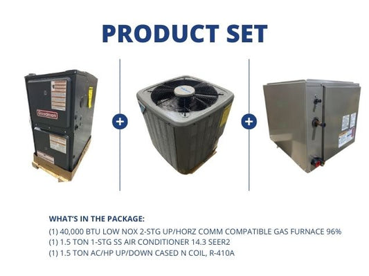 40,000 BTU Low NOx Comm Comp Gas Furnace 96%, 1.5 Ton AC 14.3 SEER2 and 1.5 Ton Up/Down Cased N Coil