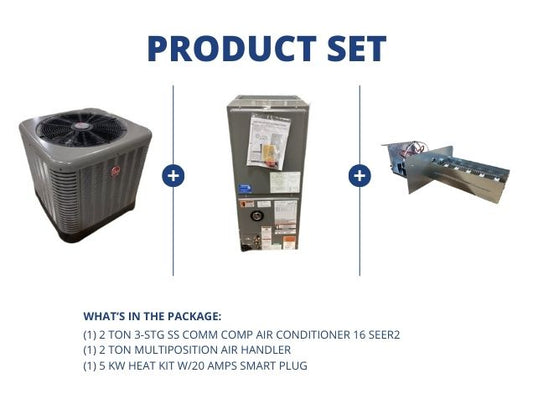 2 Ton 3-Stg SS Comm Comp AC 16 SEER2, 2 Ton Multi Air Handler and 5 Kw Heat Kit w/20 Amps Smart Plug