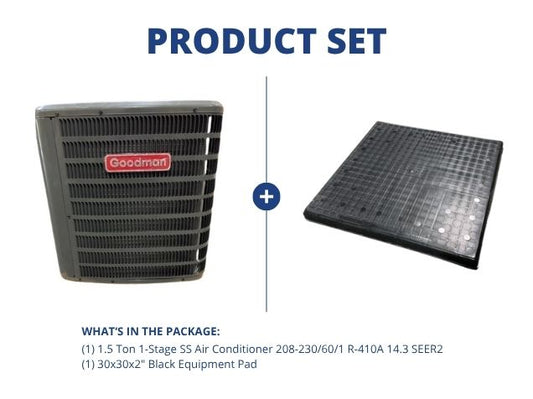 1.5 Ton 1-Stage SS Air Conditioner 208-230/60/1 R-410A 14.3 SEER2 with 30x30x2" Black Equipment Pad
