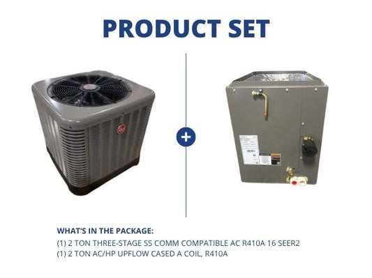 2 Ton Three-Stage SS Comm Compatible AC R410A 16 SEER2 and 2 Ton AC/HP Upflow Cased A Coil, R410A