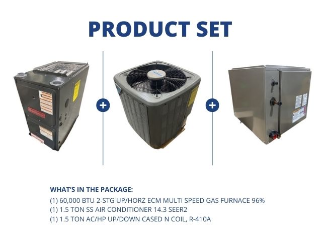 60,000 BTU 2-Stg Up/Horz Gas Furnace 96%, 1.5 Ton SS AC 14.3 SEER2 with 1.5 Ton Up/Down Cased N Coil
