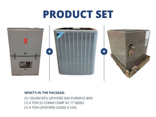 100,000 BTU Up/Horz Gas Furnace 80%, 4 Ton SS Comm Comp AC 17 SEER2 with 4 Ton Up/Down Cased A Coil