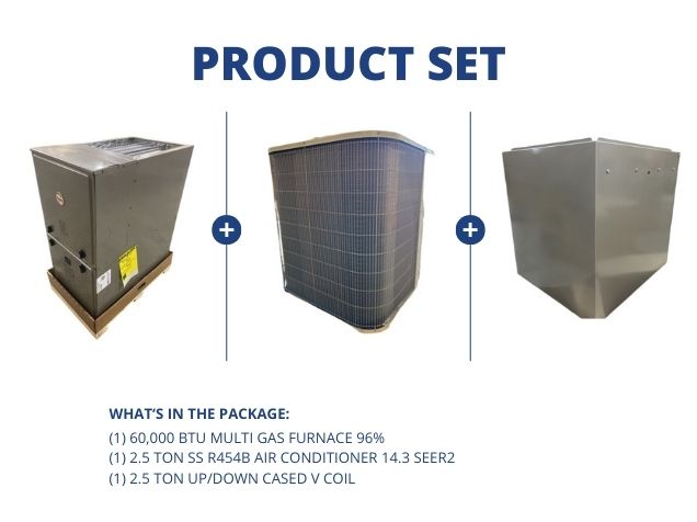 60,000 BTU Multi Gas Furnace 96%, 2.5 Ton SS R454B AC 14.3 SEER2 with 2.5 Ton Up/Down Cased V Coil