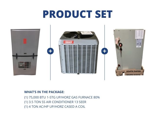 75,000 BTU 1-Stg Up/Horz Gas Furnace 80%, 3.5 Ton SS AC 13 SEER and 4 Ton AC/HP Up/Horz Cased A Coil