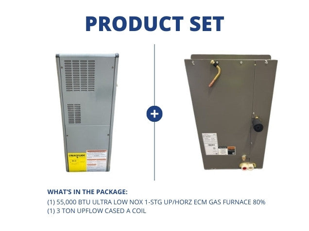 55,000 BTU Ultra Low NOx 1-Stg Upflow/Horizontal ECM Gas Furnace 80% with 3 Ton Upflow Cased A Coil
