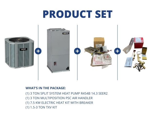 3 Ton SS HP R454B 14.3 SEER2, 3 Ton Multi Air Handler, 7.5KW Heat Kit w/Breaker, 1.5-3 Ton TXV Kit