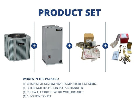 3 Ton SS HP R454B 14.3 SEER2, 3 Ton Multi Air Handler, 7.5KW Heat Kit w/Breaker, 1.5-3 Ton TXV Kit