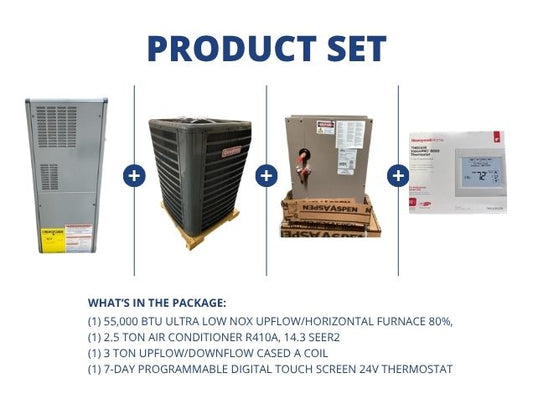 55,000 BTU Ultra Low NOx Up/Horz Furnace 80%, 2.5 Ton AC 14.3 SEER2, 3 Ton Up/Down Coil, Thermostat