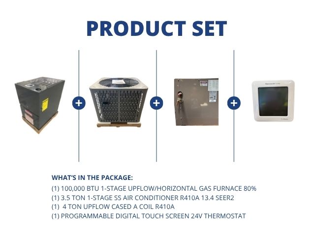 100,000 BTU Up/Horz ECM Gas Furnace 80%, 3.5 Ton SS AC 13.4 SEER2, 4 Ton Up Coil and 24V Thermostat