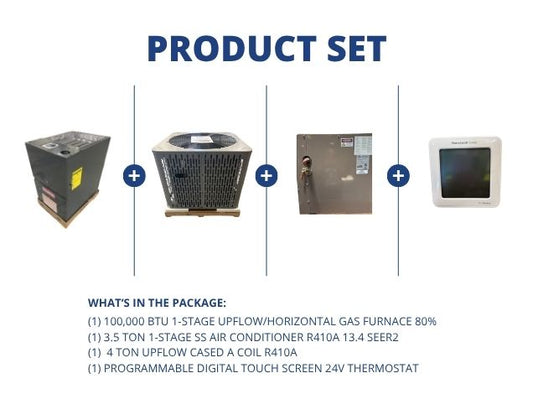 100,000 BTU Up/Horz ECM Gas Furnace 80%, 3.5 Ton SS AC 13.4 SEER2, 4 Ton Up Coil and 24V Thermostat