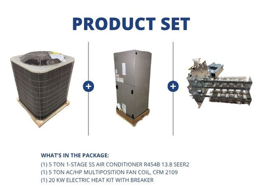 5 Ton 1-Stage SS AC R454B 13.8 SEER2, 5 Ton ECM Multiposition Fan Coil and 20kW Heat Kit w/ Breaker